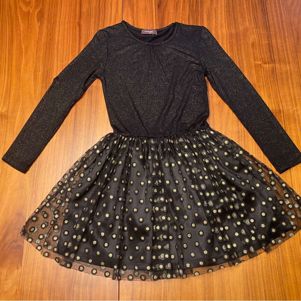 Imoga Black Long Sleeve Dress with Polka Dot Skirt